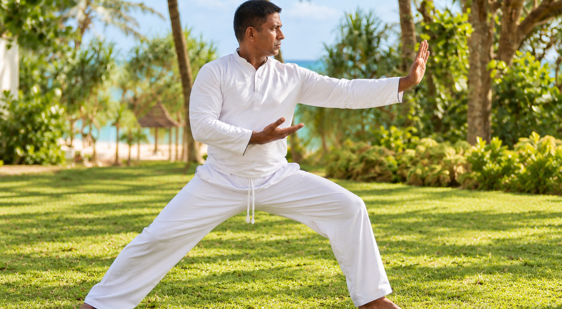 Tai Chi Master Thilak im Garten des Lanka Ayurveda Garden Resorts auf Sri Lanka.